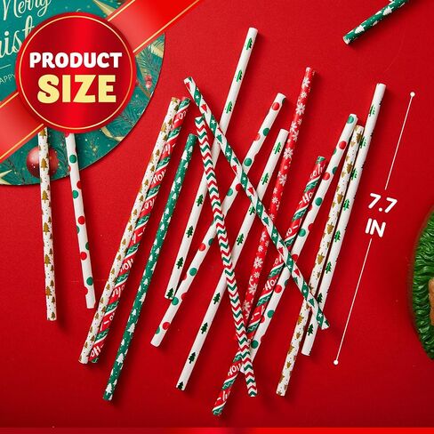 200 قطعة من شفاطات الشرب الورقية الملونة للاستعمال مرة واحدة من JOYIN لمستلزمات حفلات عيد الميلاد والحلويات وديكورات حفلات العطلات in Saudi Arabia