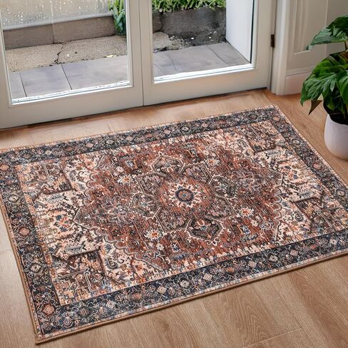 ISEAU Indoor Entryway 2x3 Vintage Rug - Small Machine Washable Area Rug with Non-Slip Backing, Low Pile Throw Rugs for Door, Entrance, Kids Room, Bedside, Bedroom, Kitchen in Saudi Arabia