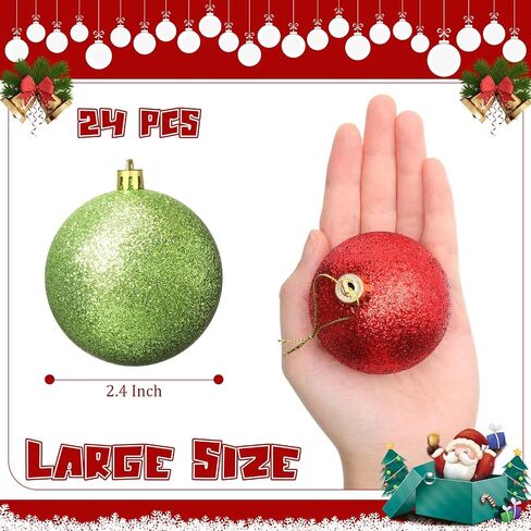 Syhood 24 Pcs Red Green Christmas Ball Ornaments, 2.4 Inch Glittering Plastic Hanging Decorations for Christmas Tree, Shatterproof Christmas Tree Balls for Xmas Wedding Party Decorations(Classic) in Saudi Arabia