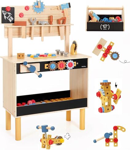 PairPear Kids Tool Bench,Wooden Toys Child Workbench with Toy Hammer and Construction Tools,Toddler Toy Set with Tool Accessories Gift for Boys in Kuwait