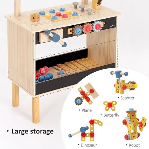 PairPear Kids Tool Bench,Wooden Toys Child Workbench with Toy Hammer and Construction Tools,Toddler Toy Set with Tool Accessories Gift for Boys in Kuwait
