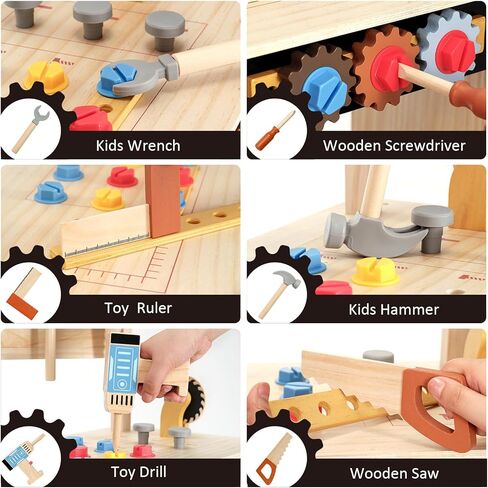 PairPear Kids Tool Bench,Wooden Toys Child Workbench with Toy Hammer and Construction Tools,Toddler Toy Set with Tool Accessories Gift for Boys in Kuwait