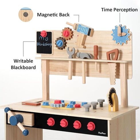 PairPear Kids Tool Bench,Wooden Toys Child Workbench with Toy Hammer and Construction Tools,Toddler Toy Set with Tool Accessories Gift for Boys in Kuwait