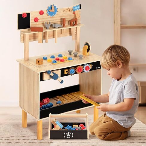 PairPear Kids Tool Bench,Wooden Toys Child Workbench with Toy Hammer and Construction Tools,Toddler Toy Set with Tool Accessories Gift for Boys in Kuwait
