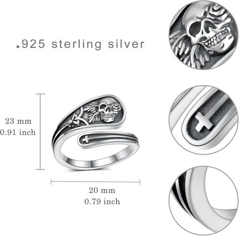 Skull Spoon Rings 925 Sterling Silver Adjustable Punk Skull Rings Skull Spoon Gothic Ring Halloween Jewelry Gifts for Women in Saudi Arabia
