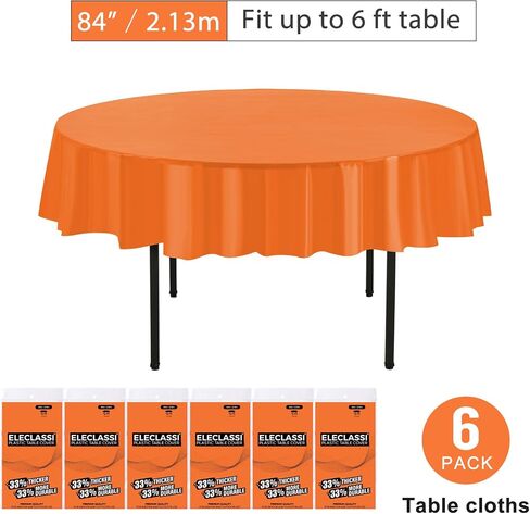 Eleclassi Orange 6 Pack Premium Round Disposable Plastic Tablecloth - 84 Inch Round Plastic Table Cloths for Parties Disposable Tablecloth - Round Plastic Tablecloth - Orange Round Tablecloth in Saudi Arabia