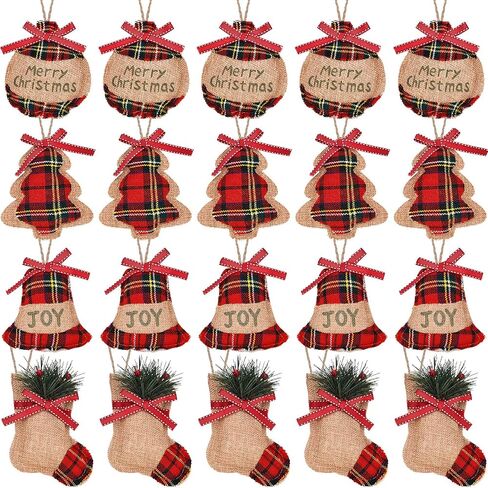 20 Pieces Rustic Christmas Burlap Tree Ornaments Farmhouse Christmas Decorations Red Black Buffalo Plaid Christmas Stocking Tree Ball Shaped Hanging Decoration for Holiday Xmas Party in Saudi Arabia