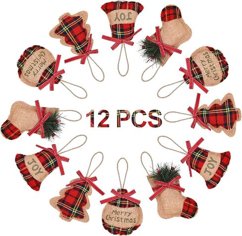 20 Pieces Rustic Christmas Burlap Tree Ornaments Farmhouse Christmas Decorations Red Black Buffalo Plaid Christmas Stocking Tree Ball Shaped Hanging Decoration for Holiday Xmas Party in Saudi Arabia