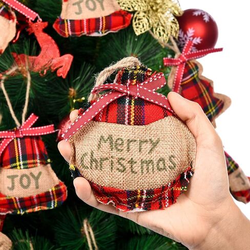20 Pieces Rustic Christmas Burlap Tree Ornaments Farmhouse Christmas Decorations Red Black Buffalo Plaid Christmas Stocking Tree Ball Shaped Hanging Decoration for Holiday Xmas Party in Saudi Arabia