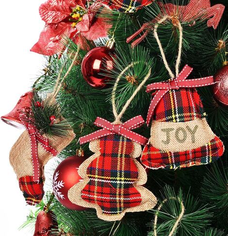 20 Pieces Rustic Christmas Burlap Tree Ornaments Farmhouse Christmas Decorations Red Black Buffalo Plaid Christmas Stocking Tree Ball Shaped Hanging Decoration for Holiday Xmas Party in Saudi Arabia