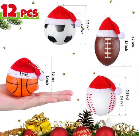 12 Pcs Christmas Sport Ball Ornaments for 2024 Christmas Tree Decoration 2.4" Soccer Basketball Football Baseball Ornaments with 12 Santa Hat for Holiday Xmas Home Decoration(Sport) in Saudi Arabia
