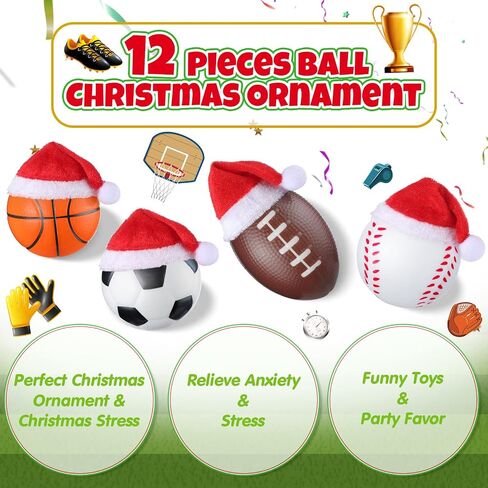 12 Pcs Christmas Sport Ball Ornaments for 2024 Christmas Tree Decoration 2.4" Soccer Basketball Football Baseball Ornaments with 12 Santa Hat for Holiday Xmas Home Decoration(Sport) in Saudi Arabia