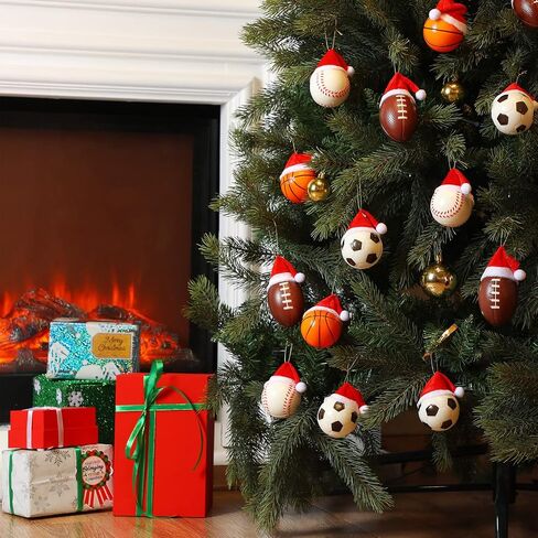 12 Pcs Christmas Sport Ball Ornaments for 2024 Christmas Tree Decoration 2.4" Soccer Basketball Football Baseball Ornaments with 12 Santa Hat for Holiday Xmas Home Decoration(Sport) in Saudi Arabia