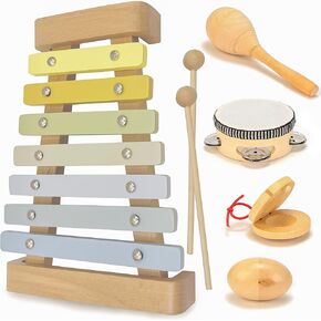 Wooden Toddler Musical Instruments Colorful Xylophone Tambourine Maracas Shaker Egg Castanet Musical Instruments for Toddlers Music Toy Set