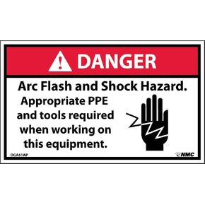 NMC DGA61AP Arc Flash Labels with Graphic, "DANGER Arc Flash And Shock Hazard Appropriate PPE...", 5" Width x 3" Height, Pressure Sensitive Vinyl, Red/Black on White (Pack of 5)
