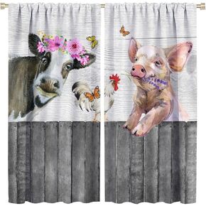 Farmhouse Cow Window Curtains,Cute Country Cow Chicken Pig with Flowers Blackout Drapes,Rustic Vintage Wooden Fence Cottage Curtains for Kitchen Living Room Bedroom 42x45 Inch