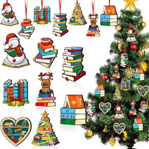 24 Pcs Christmas Books Hanging Ornament Set Wooden Christmas Tree Ornament Decorative Snowman Elk Bell Bookshelf Reading Ornament with 24 Ropes for Christmas Everyday Decoration, 8 Styles