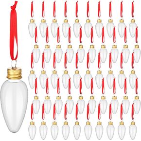 50 Pcs Clear Christmas Ornaments Fillable Bulb Ornament Fillable Plastic Christmas Ornaments with Golden Screw Off Cap and Red Rope Decorative Hanging Ornaments for DIY Christmas Party Wedding