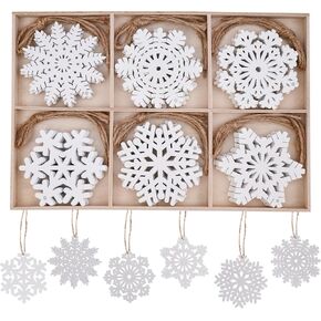 30Pcs Wooden Snowflake Ornaments, White Christmas Tree Hanging Decorations DIY Craft Wood Cutouts for Xmas, Rustic Unfinished Wood Snowflakes with Twine for Crafts and Holiday Decor
