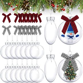 Christmas Ornaments Plastic Discs Ornaments Clear fillable Ornaments Balls with Silver Cap and Black White Red Buffalo Plaid Bows for Craft DIY Christmas Tree Wreath Decoration (32 Pcs, 3.15 Inch) in Kuwait