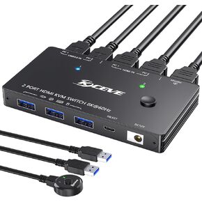 Dual Monitor KVM Switch 2 Port 8K@60Hz 4K@144Hz HDMI+DP USB 3.0 Switch Extended Display 2 Monitors 2 Computers with USB 3.0 Cables Wired Controller in Kuwait