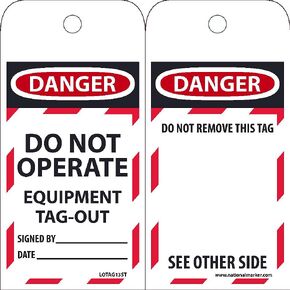 NMC LOTAG13 DANGER DO NOT OPERATE EQUIPMENT TAG-OUT Tag – [Pack of 10] 3 in. x 6 in. Vinyl 2 Side Danger Tag with White/Black Text on Red/White Base