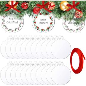 Clear Round Acrylic Christmas Ornaments Clear Blank Acrylic Disc Circle Red Ribbon with Hole DIY Crafts Acrylic Ornament for Xmas Tree Party Painting Hanging Decoration Supplies(3 Inch, 25 Pieces)