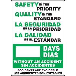 Accuform SBMSR129PL Plastic Spanish Bilingual Write-A-Day Safety Scoreboard, "SAFETY IS THE PRIORITY QUALITY IS THE STANDARD - #### DAYS WITHOUT AN ACCIDENT - ACCIDENTS ARE AVOIDABLE", 20" Length x 14" Width x 0.125" Thickness, Green/Black on White