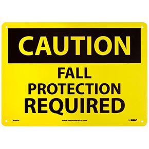 NMC C680RB CAUTION - FALL PROTECTION REQUIRED – 14 in. x 10 in. Plastic Caution Sign with Yellow/Black Text on Black/Yellow Base