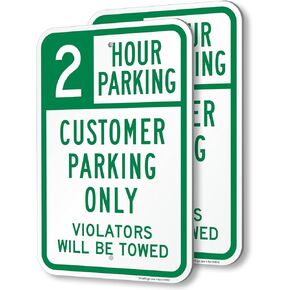 SmartSign 2 Hour Parking Customer Parking Only Violators Towed Sign (2-Pack), 12 x 18 inch, 80 mil thick Aluminum Composite (ACM), Pre-Drilled Holes, Green and White, Made in USA