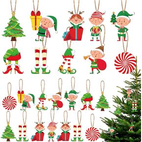 60 Pieces Elf Christmas Tree Ornaments Decoration Set Wooden Elves Hanging Ornaments Xmas Elf Lollipop Boy Girl Holiday Decorations Red and Green Christmas Tree Ornament, Green,red