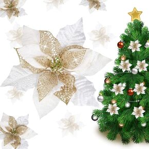 Jim's Cabin Artificial Flowers Pack of 12 Glitter Poinsettias for Christmas Tree Ornaments Butterfly Christmas Gold Decorations (Green)