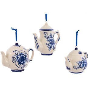 Kurt Adler 2-3" Porcelain Delft Blue Teapot Ornament Set of 3,for Christmas