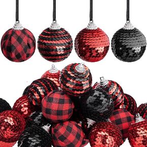 24 PCS Christmas Sequin Hanging Ball Ornaments-1.6 Inch Christmas Black and Red Buffalo Plaid Ball-Glitter Farmhouse Ball Ornaments for Xmas Tree Fall Party Decor
