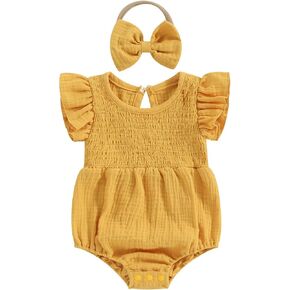Newborn Infant Baby Girl Cotton Linen Romper Flying Sleeve Smocked Bubble Romper Onesie with Headband Clothes