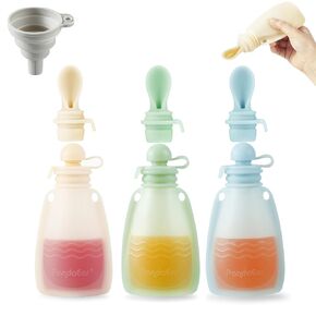 PandaEar 3 Pack Silicone Baby Food Pouches, Reusable Squeeze Pouches for Toddler Kids with 3 Silicone Puree Feeder Spoon, BPA-Free Silicone Refillable Baby Food Storage, 5.5 oz