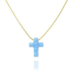 Blue Opal Cross On Thin Gold Filled Choker Necklace - Handmade Minimal Collar - Length: 13.5 inch + 3 inch Extender
