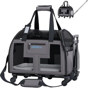 Airline Compliant Pet Carrier - Rolling Portable Travel Carry Crate for Small Dog, Puppy or Cat - Soft Removable Wheeled Design with Mesh Window Sides - Airplane and TSA Compliant- by Katziela