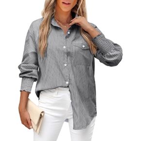 LEMAFER Womens 2024 Smocked Cuffed Striped Boyfriend Shirt Flap Pocket Cotton-Blend Casual Button Down Collared Blouse