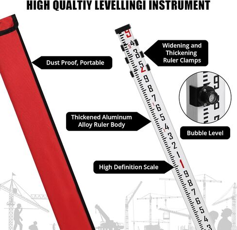 9-Foot Aluminum Grade Rod, 5 Sections Dual Sided Telescopic Measuring Rod with Bubble Level and Carrying Bag, Portable Stretchable Leveling Rod for Construction Work Surveying in Kuwait