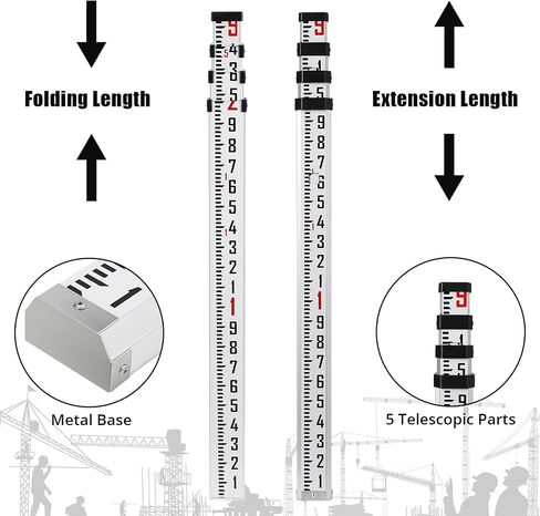 9-Foot Aluminum Grade Rod, 5 Sections Dual Sided Telescopic Measuring Rod with Bubble Level and Carrying Bag, Portable Stretchable Leveling Rod for Construction Work Surveying in Kuwait