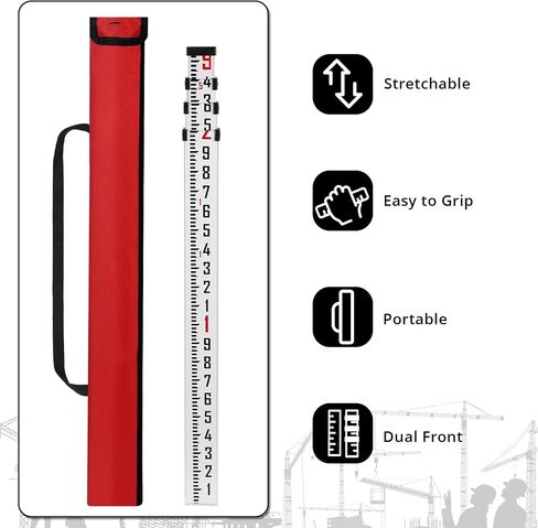 9-Foot Aluminum Grade Rod, 5 Sections Dual Sided Telescopic Measuring Rod with Bubble Level and Carrying Bag, Portable Stretchable Leveling Rod for Construction Work Surveying in Kuwait