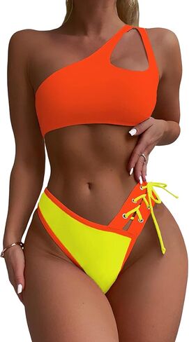 SherryDC Women's Cheeky Cutout One Shoulder Bikini Color Block V Cut High Leg Two Pieces Swimsuit in Saudi Arabia