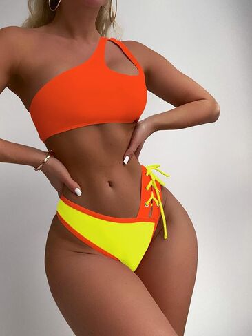 SherryDC Women's Cheeky Cutout One Shoulder Bikini Color Block V Cut High Leg Two Pieces Swimsuit in Saudi Arabia