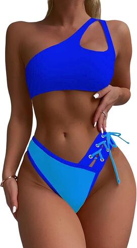 SherryDC Women's Cheeky Cutout One Shoulder Bikini Color Block V Cut High Leg Two Pieces Swimsuit in Saudi Arabia