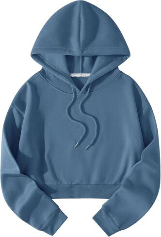 Women's Thermal Lined Drawstring Cropped Hoodie Long Sleeve Pullovers Sweatshirts in Saudi Arabia