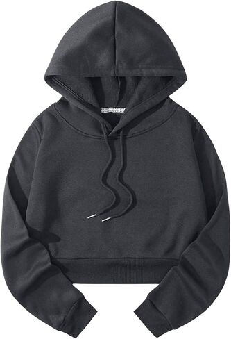 Women's Thermal Lined Drawstring Cropped Hoodie Long Sleeve Pullovers Sweatshirts in Saudi Arabia