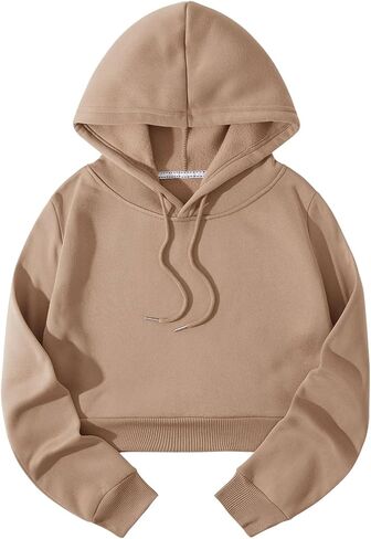 Women's Thermal Lined Drawstring Cropped Hoodie Long Sleeve Pullovers Sweatshirts in Saudi Arabia