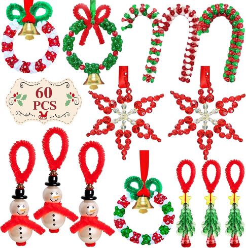 Christmas Beaded Craft Kit for Kids 60 Pcs Christmas Ornament Kits Tree Decorations Hanging Decors Xmas Party Favors (Snowman x12, Christmas Tree x12, Wreath x12, Snowflake x12, Candy Cane x12) in Saudi Arabia