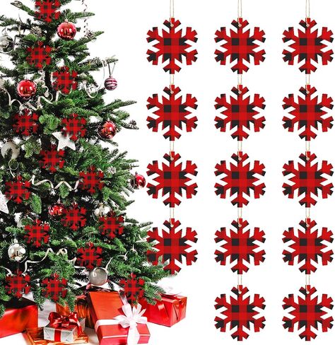 20 Pieces Christmas Wooden Snowflake Decorations Buffalo Plaid Wood Snowflake Hanging Ornaments with Buffalo Check Christmas Wooden Snowflake Cutouts with Ropes for Xmas Decorations Tree Decor in Saudi Arabia